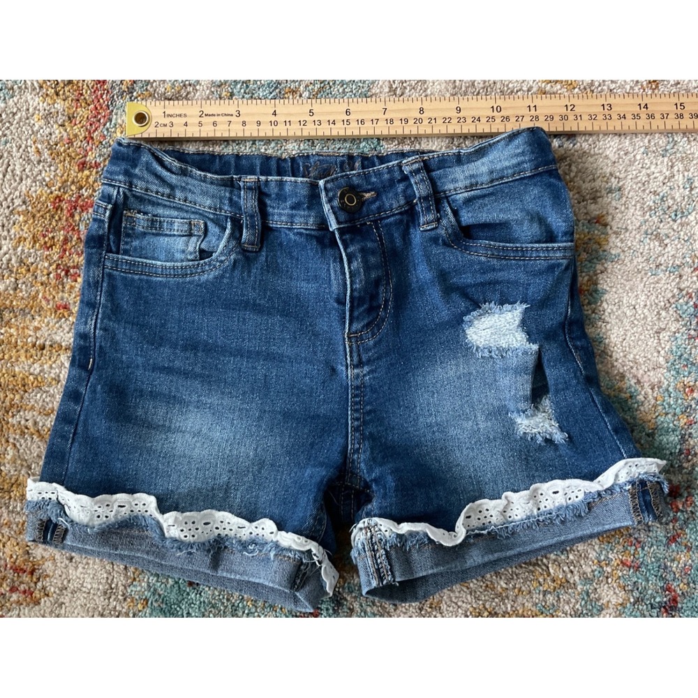 Studio V by Vigoss Girls Size 10 Distressed Denim Shorts Lace Eyelet Trim Blue